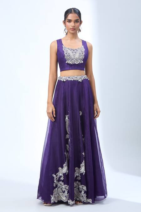 Buy Prisho Purple Chiffon Embroidery Round Neck Paisley Motif Cape Set Online at Aza Fashions Buy_Prisho_Purple Chiffon Embroidery Round Neck Paisley Motif Cape Set _Online_at_Aza_Fashions