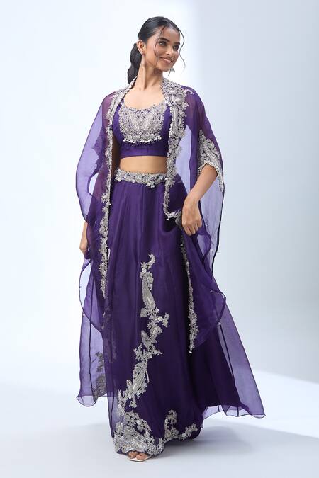 Shop Prisho Purple Chiffon Embroidery Round Neck Paisley Motif Cape Set Online at Aza Fashions Shop_Prisho_Purple Chiffon Embroidery Round Neck Paisley Motif Cape Set _Online_at_Aza_Fashions