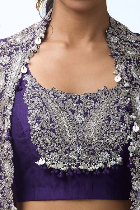 Prisho Purple Chiffon Embroidery Round Neck Paisley Motif Cape Set at Aza Fashions Prisho_Purple Chiffon Embroidery Round Neck Paisley Motif Cape Set _at_Aza_Fashions