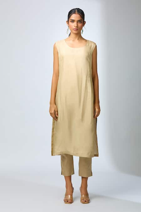 Buy_Prisho_Cream Silk, Cotton Embroidery Round Neck Dori Kaftan Pant Set _Online_at_Aza_Fashions