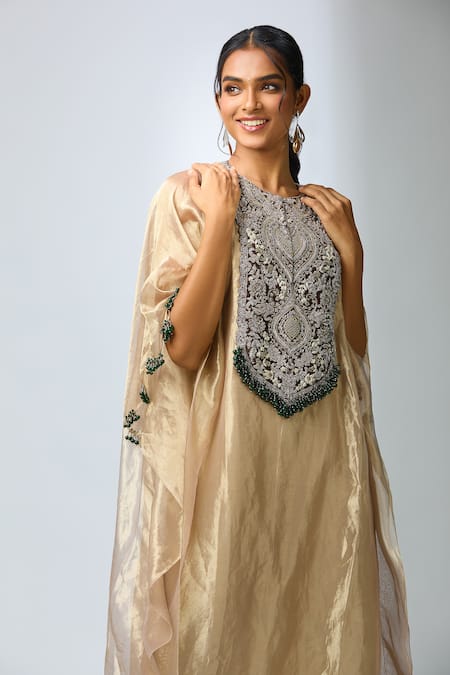 Shop_Prisho_Cream Silk, Cotton Embroidery Round Neck Dori Kaftan Pant Set _Online_at_Aza_Fashions