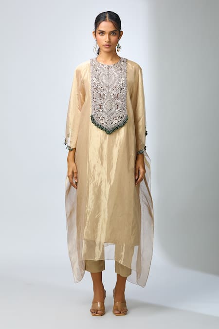 Prisho_Cream Silk, Cotton Embroidery Round Neck Dori Kaftan Pant Set _at_Aza_Fashions