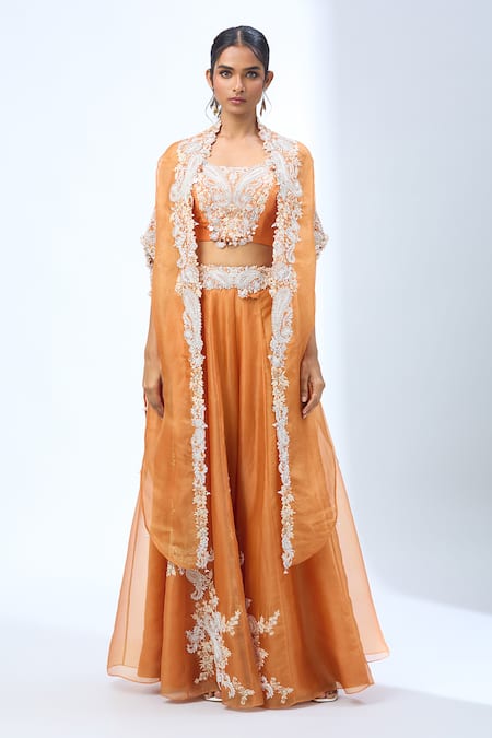 Prisho Orange Embroidery Round Neck Cape Lehenga Set Online at Aza Fashions Prisho_Orange Embroidery Round Neck Cape Lehenga Set _Online_at_Aza_Fashions