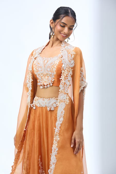 Buy Prisho Orange Embroidery Round Neck Cape Lehenga Set Online at Aza Fashions Buy_Prisho_Orange Embroidery Round Neck Cape Lehenga Set _Online_at_Aza_Fashions