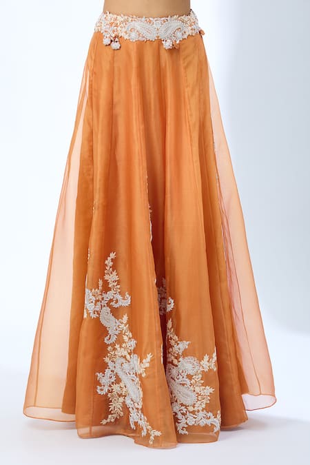 Shop Prisho Orange Embroidery Round Neck Cape Lehenga Set Online at Aza Fashions Shop_Prisho_Orange Embroidery Round Neck Cape Lehenga Set _Online_at_Aza_Fashions