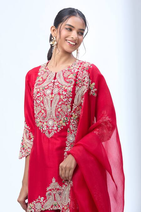 Prisho_Red Chiffon Embroidery Round Neck Kairi Kurta And Sharara Set _Online_at_Aza_Fashions