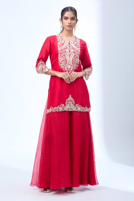 Buy_Prisho_Red Chiffon Embroidery Round Neck Kairi Kurta And Sharara Set _Online_at_Aza_Fashions
