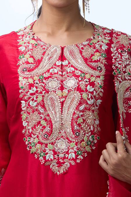 Shop_Prisho_Red Chiffon Embroidery Round Neck Kairi Kurta And Sharara Set _Online_at_Aza_Fashions