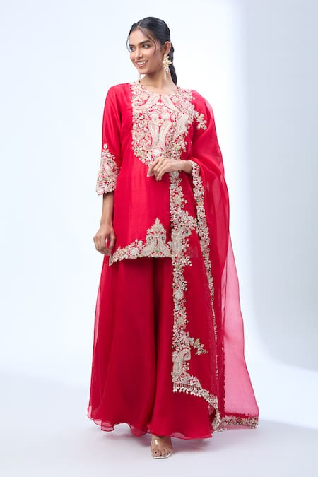 Prisho_Red Chiffon Embroidery Round Neck Kairi Kurta And Sharara Set _at_Aza_Fashions