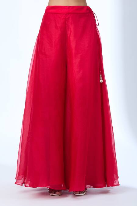 Buy_Prisho_Red Chiffon Embroidery Round Neck Kairi Kurta And Sharara Set 