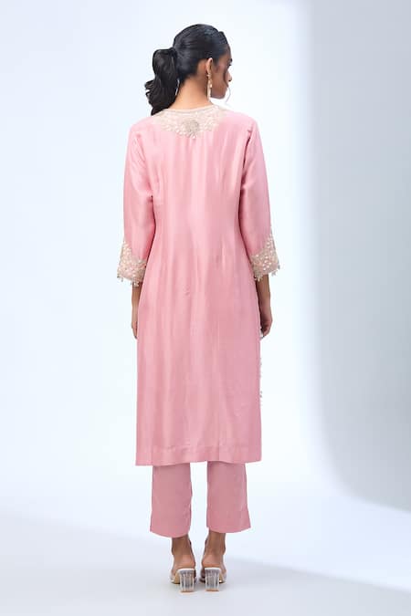Shop Prisho Pink Embroidery Round Neck Lampi Kurta Set at Aza Fashions Shop_Prisho_Pink Embroidery Round Neck Lampi Kurta Set _at_Aza_Fashions