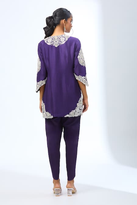 Shop Prisho Purple Chiffon Embroidery, Gota Patti Round Neck Kurta Dhoti Pant Set at Aza Fashions Shop_Prisho_Purple Chiffon Embroidery, Gota Patti Round Neck Kurta Dhoti Pant Set _at_Aza_Fashions