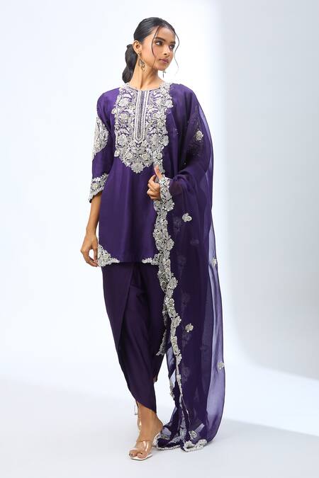 Prisho Purple Chiffon Embroidery, Gota Patti Round Neck Kurta Dhoti Pant Set Online at Aza Fashions Prisho_Purple Chiffon Embroidery, Gota Patti Round Neck Kurta Dhoti Pant Set _Online_at_Aza_Fashions