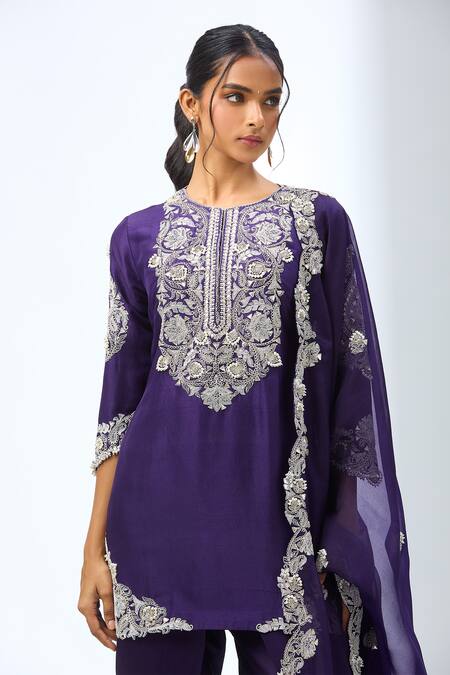 Shop Prisho Purple Chiffon Embroidery, Gota Patti Round Neck Kurta Dhoti Pant Set Online at Aza Fashions Shop_Prisho_Purple Chiffon Embroidery, Gota Patti Round Neck Kurta Dhoti Pant Set _Online_at_Aza_Fashions