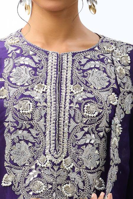 Prisho Purple Chiffon Embroidery, Gota Patti Round Neck Kurta Dhoti Pant Set at Aza Fashions Prisho_Purple Chiffon Embroidery, Gota Patti Round Neck Kurta Dhoti Pant Set _at_Aza_Fashions