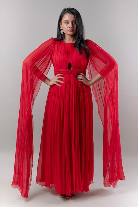 Buy_EWOKE_Red Georgette Crystals, Beads Round Neck Draped Pleated Gown 