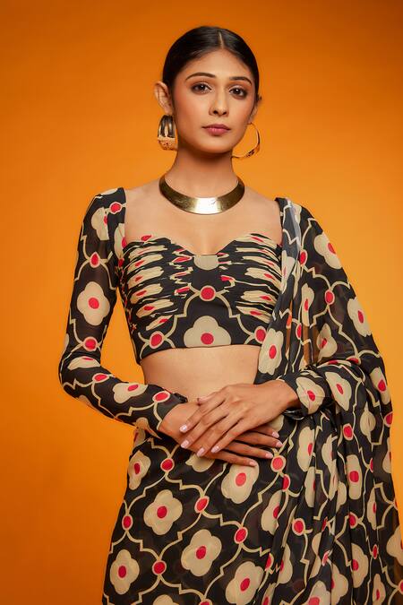 Buy_Ranbir Mukherjee Calcutta_Black Georgette And Beige Printed Saree _Online_at_Aza_Fashions
