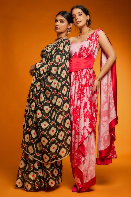 Shop_Ranbir Mukherjee Calcutta_Black Georgette And Beige Printed Saree _Online_at_Aza_Fashions