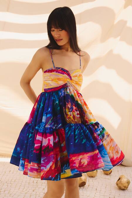 ZiP by Payal & Zinal_Multi Color Cotton, Linen Sweetheart Neck Printed Short Dress _Online_at_Aza_Fashions