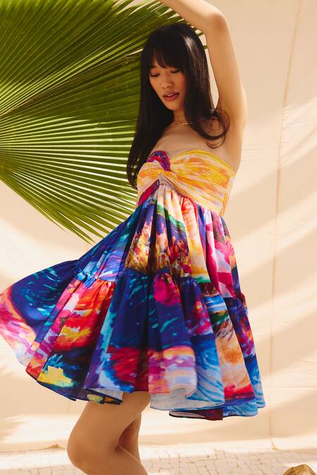 Buy_ZiP by Payal & Zinal_Multi Color Cotton, Linen Sweetheart Neck Printed Short Dress _Online_at_Aza_Fashions