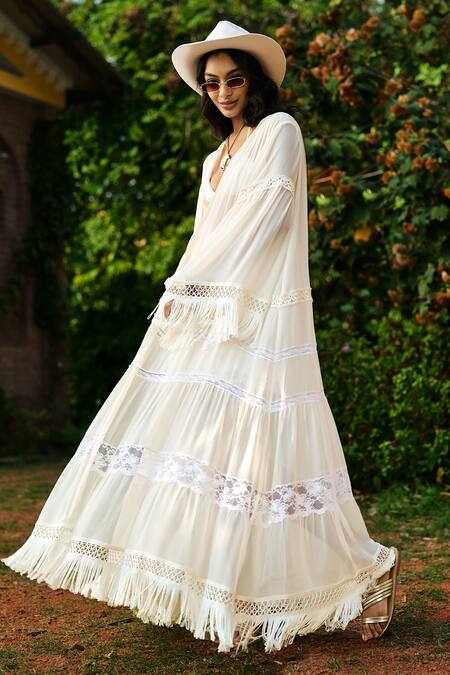 Verb By Pallavi Singhee_Ivory Chiffon Cape And Shorts Set _Online_at_Aza_Fashions