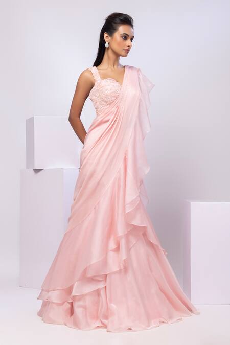 Smriti By Anju Agarwal_Pink Chiffon, Silk Embroidery, Beads Nova Pre-draped Saree Set _Online_at_Aza_Fashions