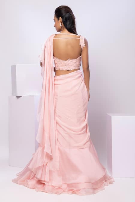 Shop_Smriti By Anju Agarwal_Pink Chiffon, Silk Embroidery, Beads Nova Pre-draped Saree Set _at_Aza_Fashions