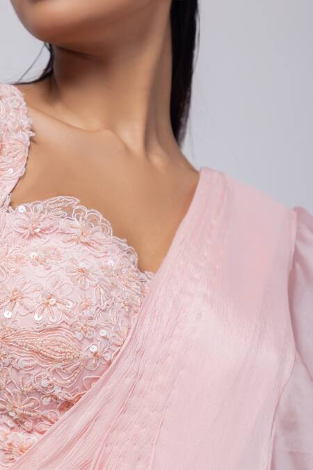 Buy_Smriti By Anju Agarwal_Pink Chiffon, Silk Embroidery, Beads Nova Pre-draped Saree Set _Online_at_Aza_Fashions