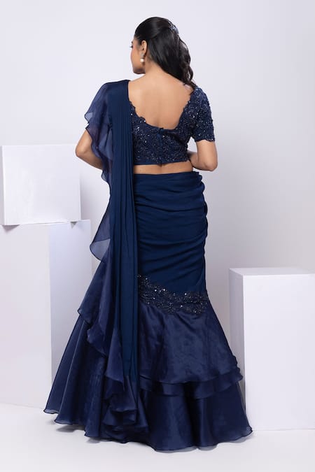 Shop Smriti By Anju Agarwal Blue Chiffon, Silk Sequins, Embroidery Nova Drape Saree Set at Aza Fashions Shop_Smriti By Anju Agarwal_Blue Chiffon, Silk Sequins, Embroidery Nova Drape Saree Set _at_Aza_Fashions