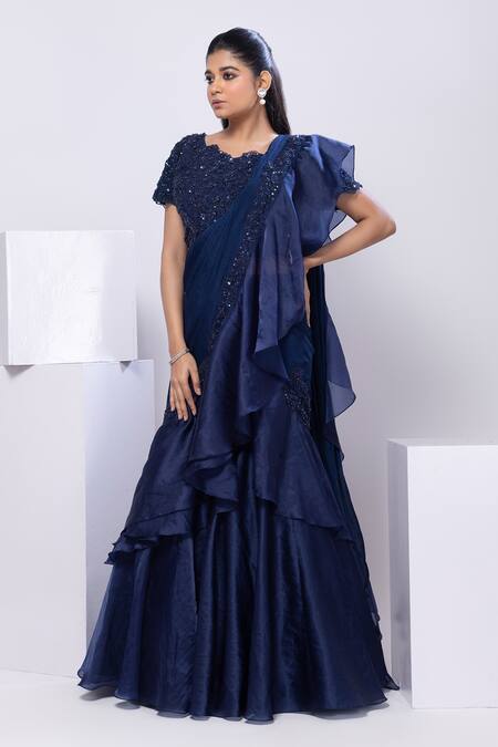 Smriti By Anju Agarwal Blue Chiffon, Silk Sequins, Embroidery Nova Drape Saree Set Online at Aza Fashions Smriti By Anju Agarwal_Blue Chiffon, Silk Sequins, Embroidery Nova Drape Saree Set _Online_at_Aza_Fashions