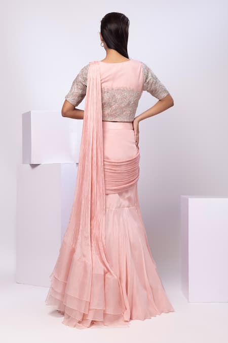 Smriti By Anju Agarwal Pink Pre-Draped Saree Set 