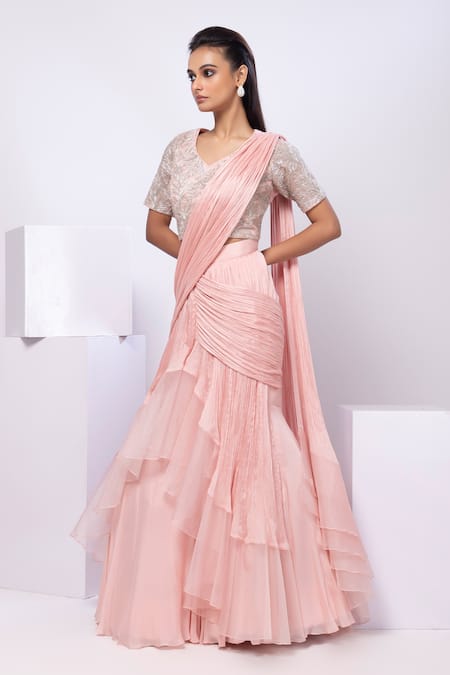 Smriti By Anju Agarwal Pink Organza Embroidery V-neck Pre-draped Saree Set Online at Aza Fashions Smriti By Anju Agarwal_Pink Organza Embroidery V-neck Pre-draped Saree Set _Online_at_Aza_Fashions