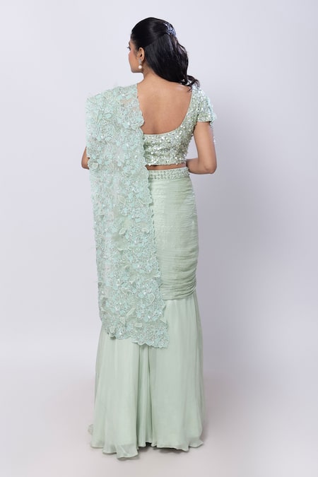 Shop Smriti By Anju Agarwal Green Silk Pearls, Embroidery Round Neck Embellished Pre-draped Saree at Aza Fashions Shop_Smriti By Anju Agarwal_Green Silk Pearls, Embroidery Round Neck Embellished Pre-draped Saree _at_Aza_Fashions