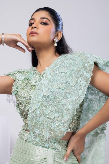 Smriti By Anju Agarwal Green Silk Pearls, Embroidery Round Neck Embellished Pre-draped Saree Online at Aza Fashions Smriti By Anju Agarwal_Green Silk Pearls, Embroidery Round Neck Embellished Pre-draped Saree _Online_at_Aza_Fashions