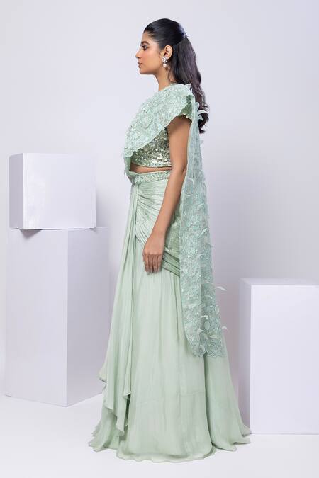 Buy Smriti By Anju Agarwal Green Silk Pearls, Embroidery Round Neck Embellished Pre-draped Saree Online at Aza Fashions Buy_Smriti By Anju Agarwal_Green Silk Pearls, Embroidery Round Neck Embellished Pre-draped Saree _Online_at_Aza_Fashions