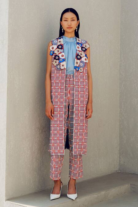 Buy Pooja Rajgarhia Gupta Red Crepe Fabric Flowers, Embroidery Open Neck, Round Floral Jacket Pant Set Online at Aza Fashions Buy_Pooja Rajgarhia Gupta_Red Crepe Fabric Flowers, Embroidery Open Neck, Round Floral Jacket Pant Set _Online_at_Aza_Fashions