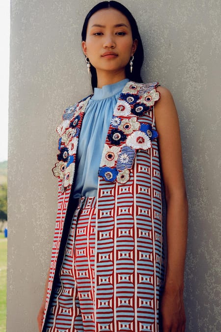 Shop Pooja Rajgarhia Gupta Red Crepe Fabric Flowers, Embroidery Open Neck, Round Floral Jacket Pant Set Online at Aza Fashions Shop_Pooja Rajgarhia Gupta_Red Crepe Fabric Flowers, Embroidery Open Neck, Round Floral Jacket Pant Set _Online_at_Aza_Fashions