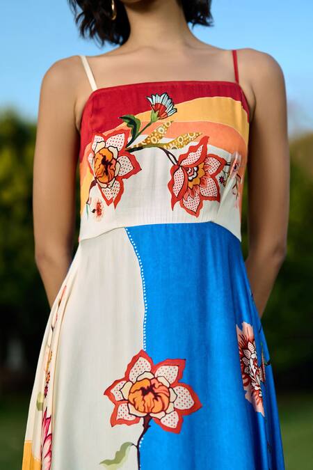 Verb By Pallavi Singhee Multi Color Satin Floral Print Maxi Dress Online at Aza Fashions Verb By Pallavi Singhee_Multi Color Satin Floral Print Maxi Dress _Online_at_Aza_Fashions