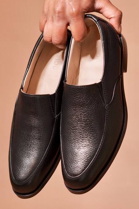 Shop Dmodot Black Milled Leather Slip-on Shoes Online at Aza Fashions Shop_Dmodot_Black Milled Leather Slip-on Shoes _Online_at_Aza_Fashions