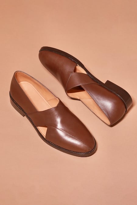 Shop Dmodot Brown Designer Leather Slip-on Shoes at Aza Fashions Shop_Dmodot_Brown Designer Leather Slip-on Shoes _at_Aza_Fashions