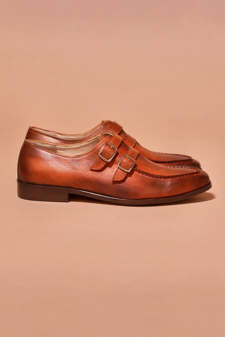 Dmodot Brown Double Buckle Leather Shoes Online at Aza Fashions Dmodot_Brown Double Buckle Leather Shoes _Online_at_Aza_Fashions