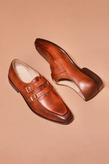Shop Dmodot Brown Double Buckle Leather Shoes at Aza Fashions Shop_Dmodot_Brown Double Buckle Leather Shoes _at_Aza_Fashions