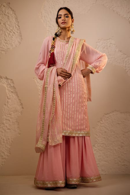 Tuli_Pink Chiffon, Georgette Sequins, Zari, Embroidery Round Baby Raas Sharara Set _Online_at_Aza_Fashions
