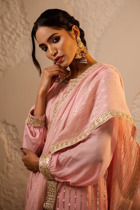 Shop_Tuli_Pink Chiffon, Georgette Sequins, Zari, Embroidery Round Baby Raas Sharara Set _Online_at_Aza_Fashions