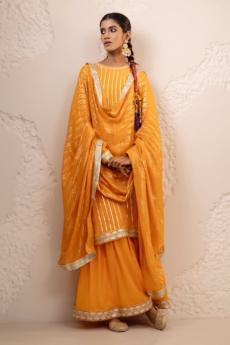 Tuli_Orange Chiffon, Georgette Embroidery, Zari Round Neck Shagun Sharara Set _Online_at_Aza_Fashions