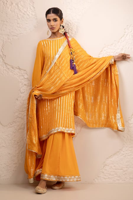 Buy_Tuli_Orange Chiffon, Georgette Embroidery, Zari Round Neck Shagun Sharara Set _Online_at_Aza_Fashions