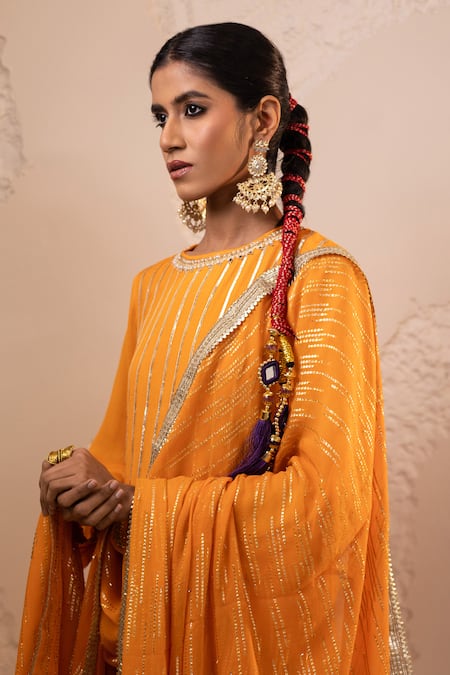 Shop_Tuli_Orange Chiffon, Georgette Embroidery, Zari Round Neck Shagun Sharara Set _Online_at_Aza_Fashions