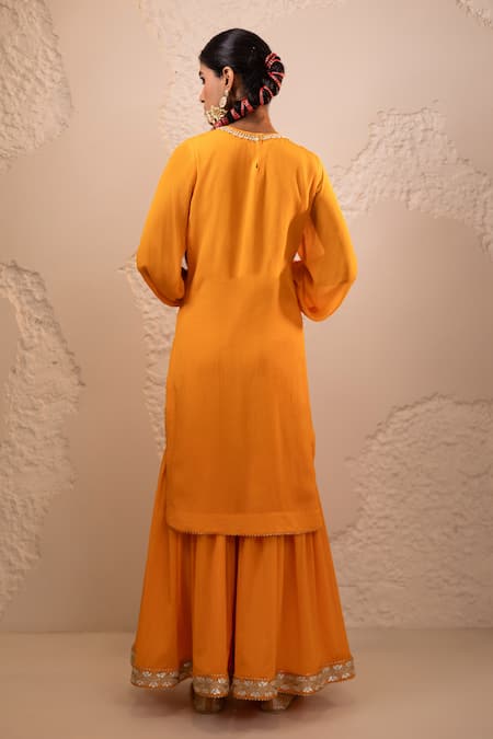 Shop_Tuli_Orange Chiffon, Georgette Embroidery, Zari Round Neck Shagun Sharara Set _at_Aza_Fashions