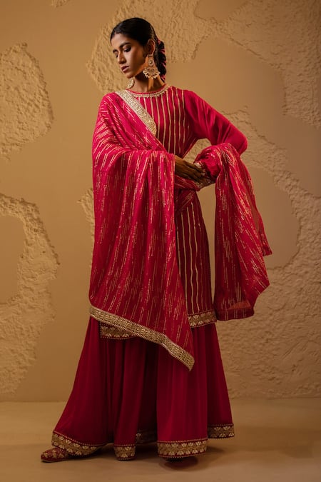 Tuli_Pink Chiffon, Georgette Zari, Sequins Round Neck Shaam Dark Sharara Set _Online_at_Aza_Fashions