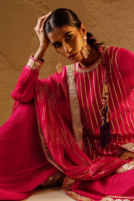 Buy_Tuli_Pink Chiffon, Georgette Zari, Sequins Round Neck Shaam Dark Sharara Set _Online_at_Aza_Fashions